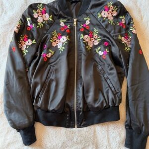 bebe Black Bomber Jacket with Floral Embroidery